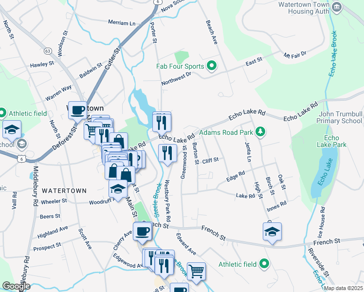 map of restaurants, bars, coffee shops, grocery stores, and more near 194 Echo Lake Road in Watertown