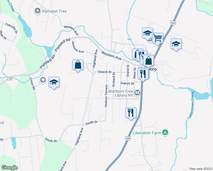 map of restaurants, bars, coffee shops, grocery stores, and more near 27 Hudson Terrace in Marlboro