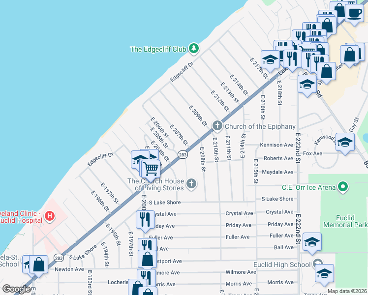 map of restaurants, bars, coffee shops, grocery stores, and more near 174 East 207th Street in Euclid