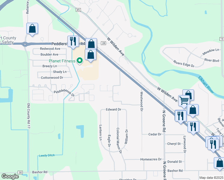 map of restaurants, bars, coffee shops, grocery stores, and more near 1314 Briarwood Boulevard in Goshen