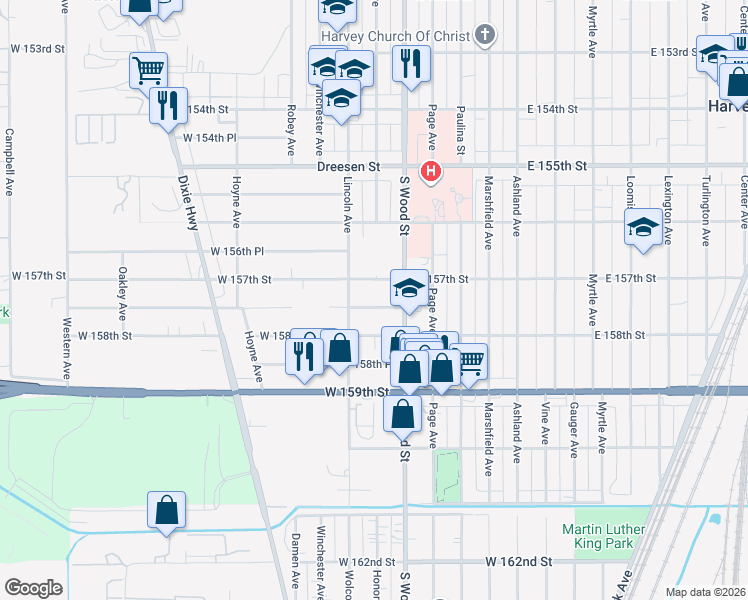 map of restaurants, bars, coffee shops, grocery stores, and more near 90 West 157th Street in Harvey