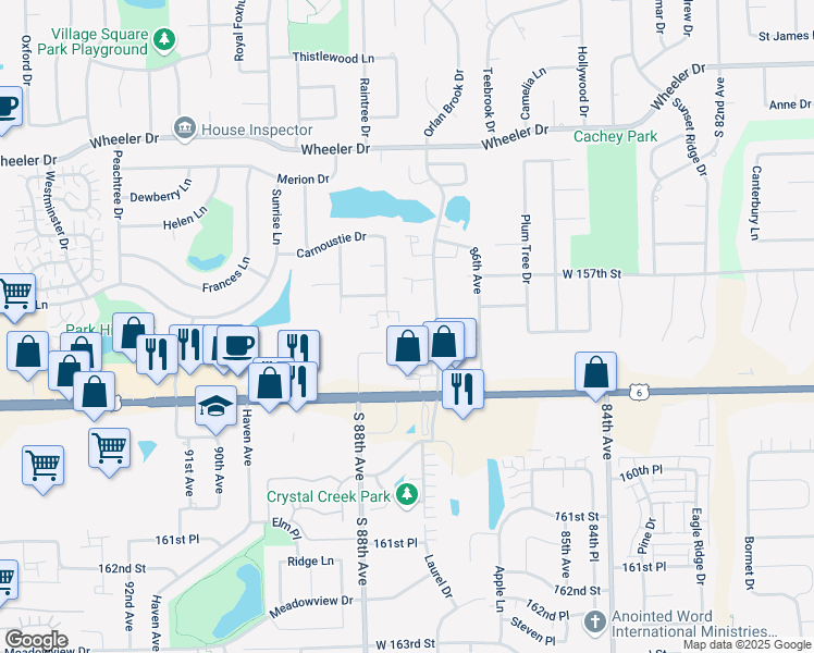map of restaurants, bars, coffee shops, grocery stores, and more near 15810 Orlan Brook Drive in Orland Park