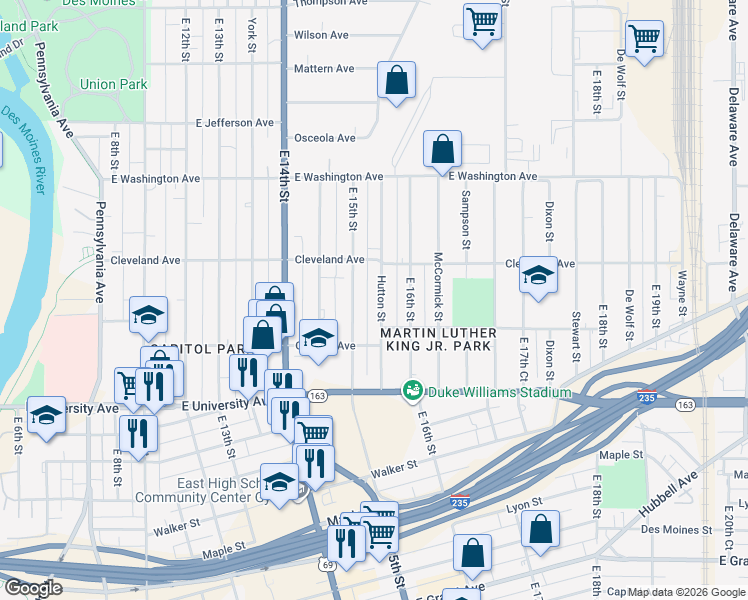 map of restaurants, bars, coffee shops, grocery stores, and more near 1345 East 15th Street in Des Moines