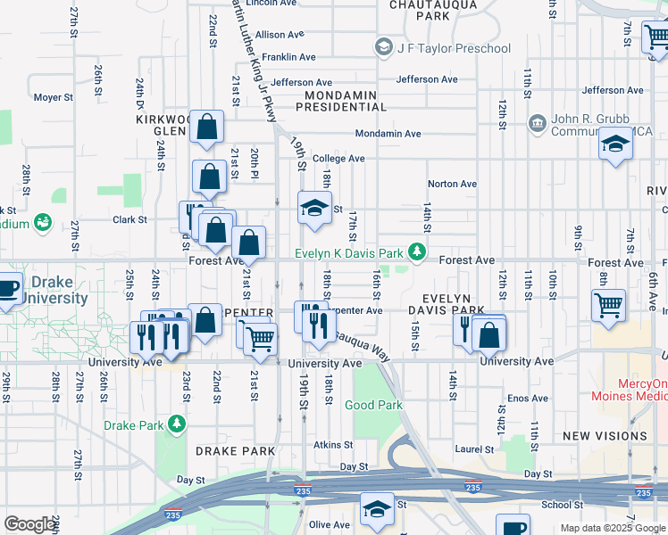 map of restaurants, bars, coffee shops, grocery stores, and more near 1704 Forest Avenue in Des Moines