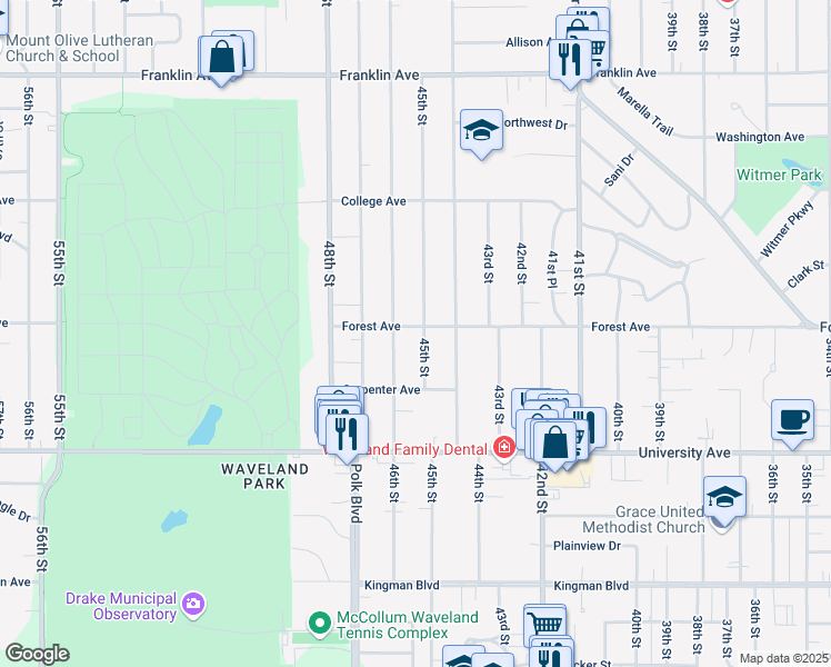 map of restaurants, bars, coffee shops, grocery stores, and more near 4507 Forest Avenue in Des Moines