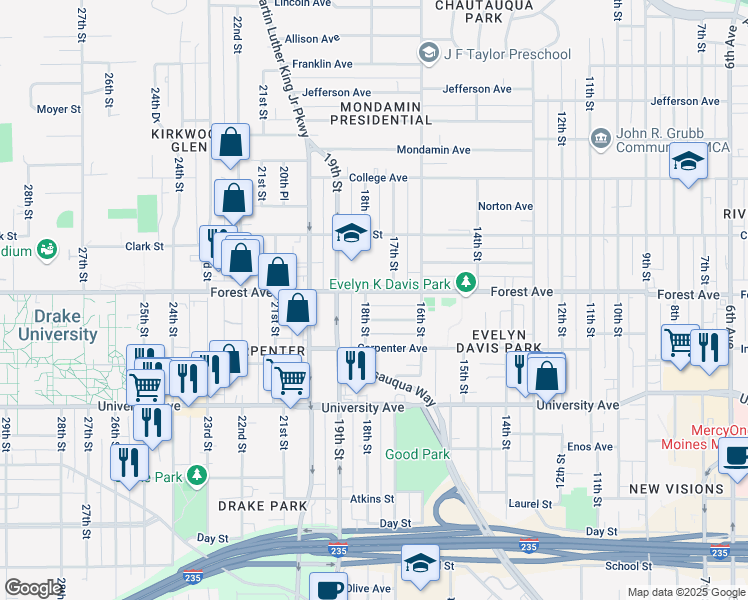 map of restaurants, bars, coffee shops, grocery stores, and more near 1704 Forest Avenue in Des Moines