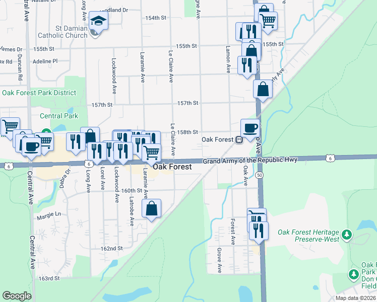 map of restaurants, bars, coffee shops, grocery stores, and more near 15859 159th Street in Oak Forest