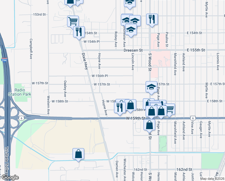 map of restaurants, bars, coffee shops, grocery stores, and more near 121 West 157th Place in Harvey