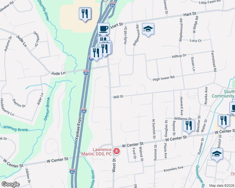 map of restaurants, bars, coffee shops, grocery stores, and more near 521 Mill Street in Southington