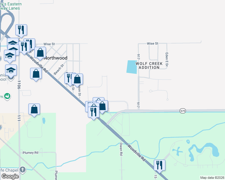 map of restaurants, bars, coffee shops, grocery stores, and more near 3725 Williston Road in Northwood