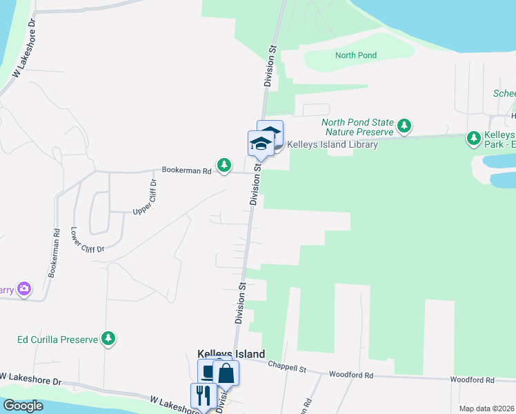 map of restaurants, bars, coffee shops, grocery stores, and more near 422 Division Street in Kelleys Island