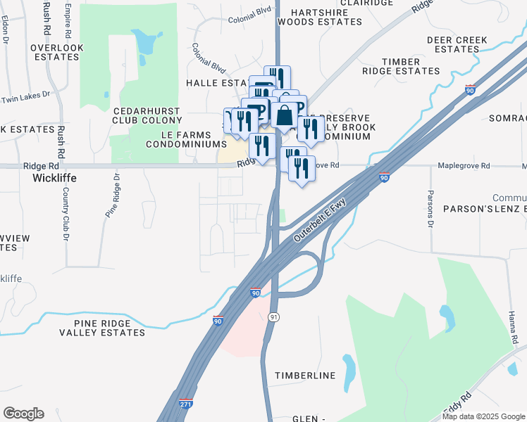 map of restaurants, bars, coffee shops, grocery stores, and more near 2200 Spruce Trail in Willoughby Hills