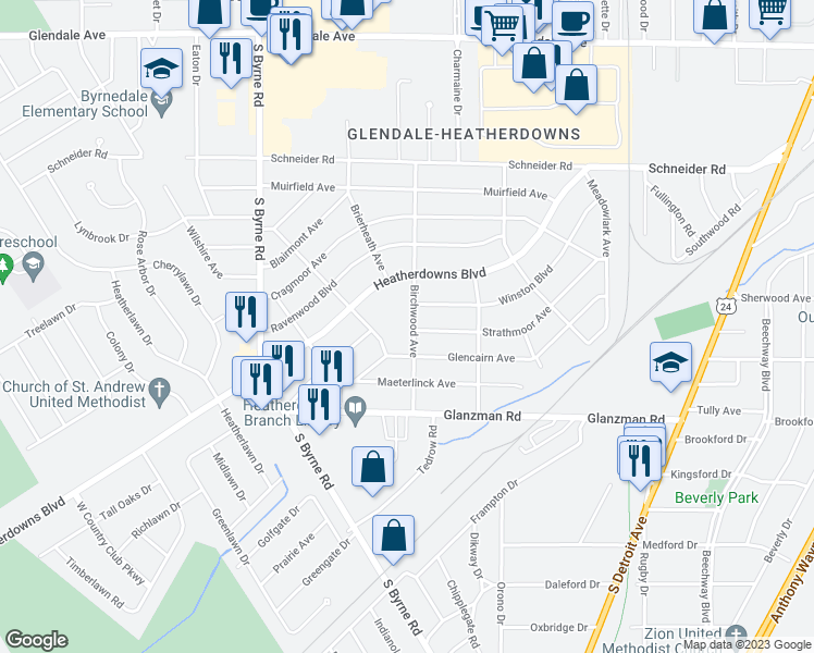 map of restaurants, bars, coffee shops, grocery stores, and more near 1942 Birchwood Avenue in Toledo