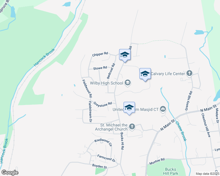 map of restaurants, bars, coffee shops, grocery stores, and more near 18 Redcoat Road in Waterbury