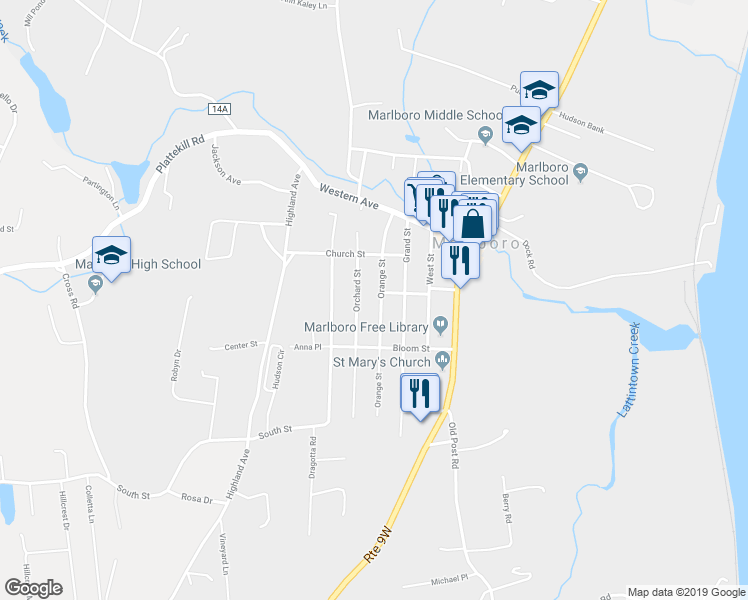 map of restaurants, bars, coffee shops, grocery stores, and more near 50 Orange Street in Marlboro