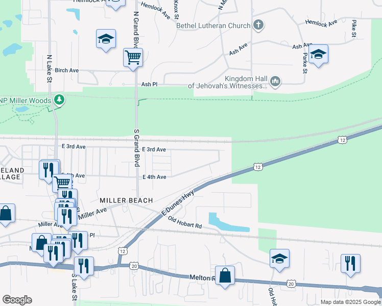 map of restaurants, bars, coffee shops, grocery stores, and more near 6715 East 3rd Avenue in Gary