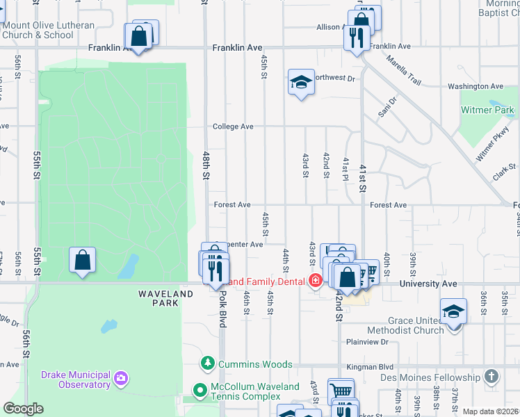 map of restaurants, bars, coffee shops, grocery stores, and more near 4507 Forest Avenue in Des Moines