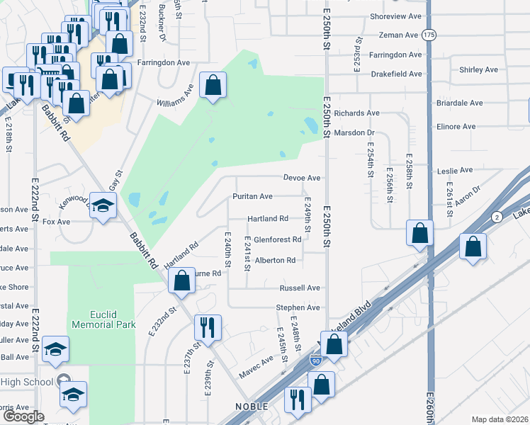 map of restaurants, bars, coffee shops, grocery stores, and more near 24301 Hartland Road in Euclid