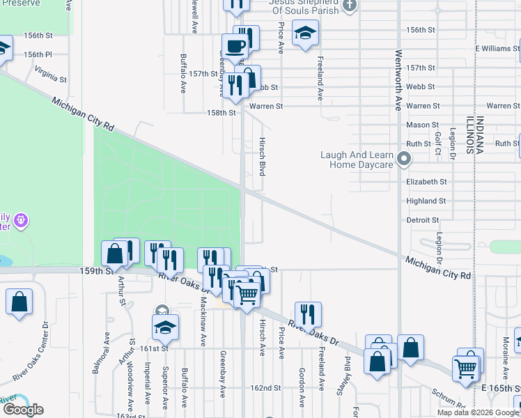 map of restaurants, bars, coffee shops, grocery stores, and more near 1040 Hirsch Boulevard in Calumet City