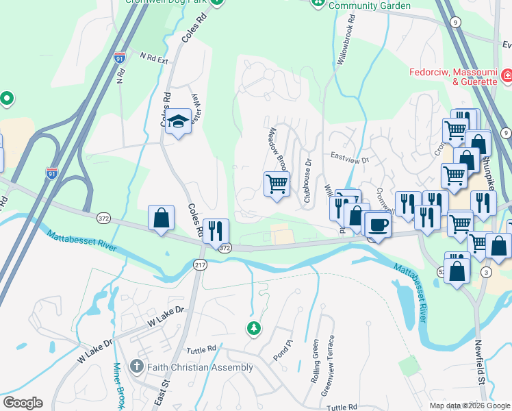 map of restaurants, bars, coffee shops, grocery stores, and more near 5 Country Squire Drive in Cromwell
