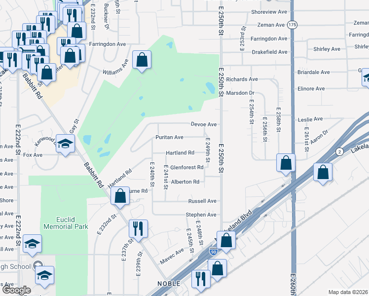 map of restaurants, bars, coffee shops, grocery stores, and more near 24301 Hartland Road in Euclid