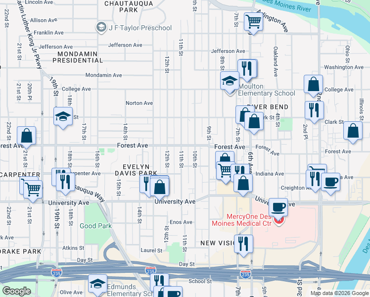 map of restaurants, bars, coffee shops, grocery stores, and more near 1016 Forest Ave in Des Moines