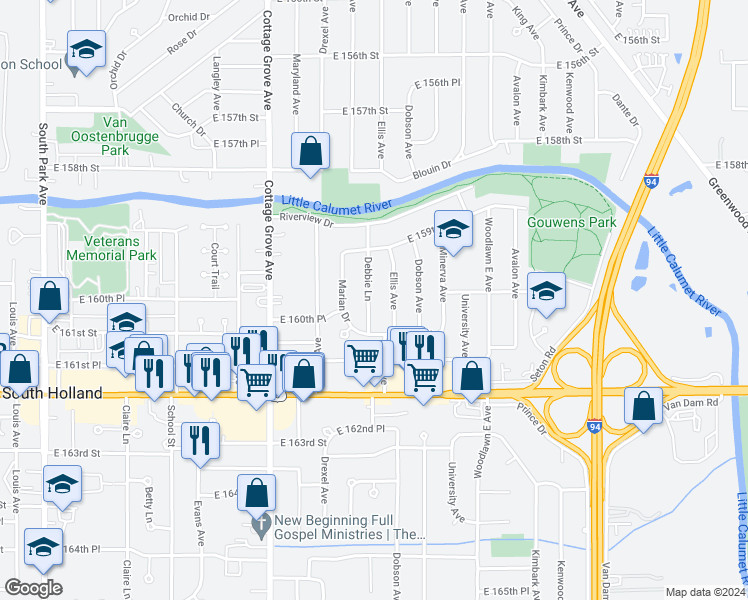 map of restaurants, bars, coffee shops, grocery stores, and more near 16025 Debbie Lane in South Holland