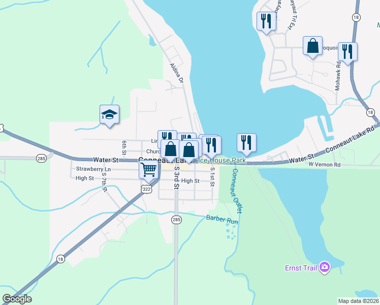 map of restaurants, bars, coffee shops, grocery stores, and more near 24262 Church Lane in Conneaut Lake