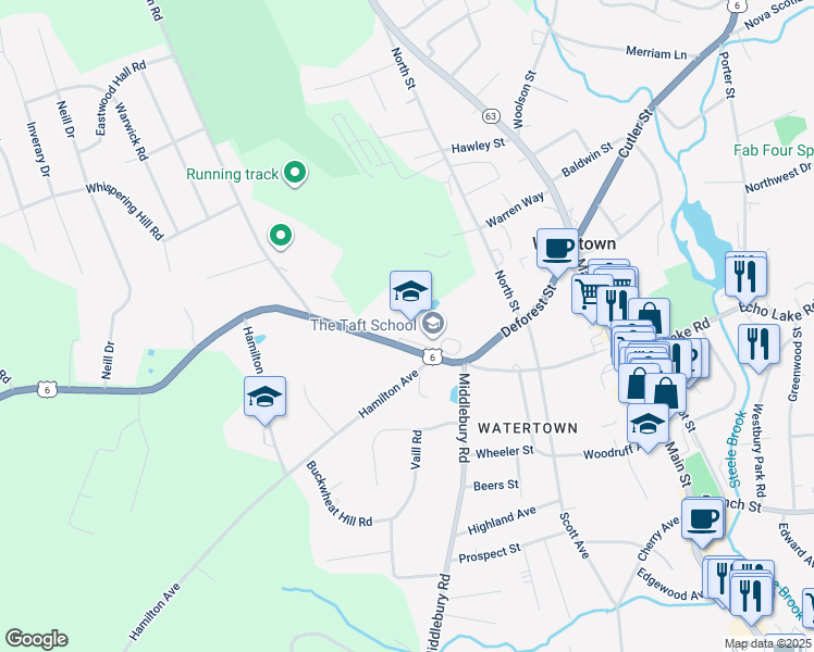 map of restaurants, bars, coffee shops, grocery stores, and more near 110 Woodbury Road in Watertown