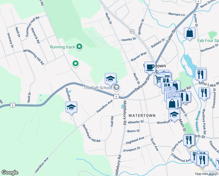 map of restaurants, bars, coffee shops, grocery stores, and more near 110 Woodbury Road in Watertown