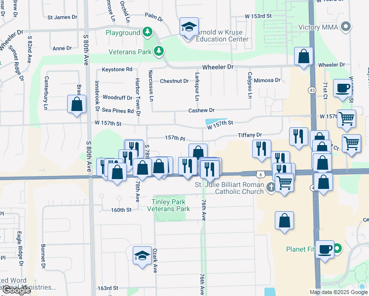 map of restaurants, bars, coffee shops, grocery stores, and more near 15822 West 159th Street in Orland Park