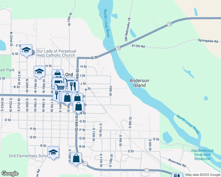 map of restaurants, bars, coffee shops, grocery stores, and more near 200 10th Street in Ord