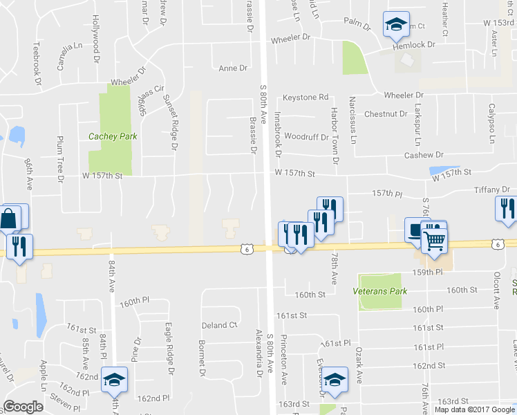 map of restaurants, bars, coffee shops, grocery stores, and more near 15721 Brassie Court in Orland Park