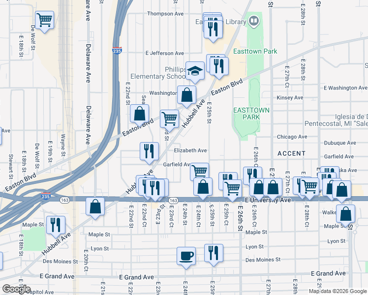 map of restaurants, bars, coffee shops, grocery stores, and more near 2402 Elizabeth Avenue in Des Moines