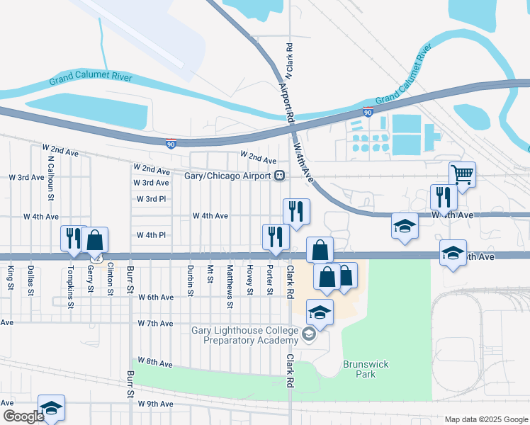 map of restaurants, bars, coffee shops, grocery stores, and more near 383 Hovey Street in Gary