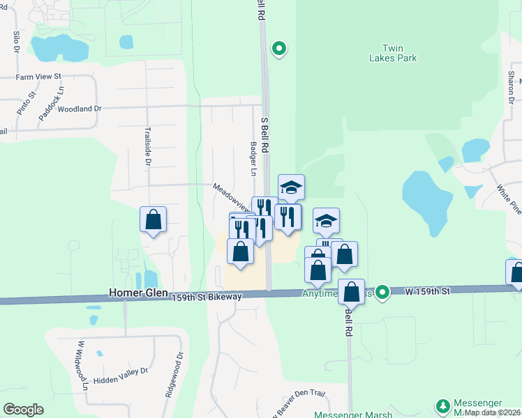 map of restaurants, bars, coffee shops, grocery stores, and more near 12810 Meadowview Lane in Homer Glen