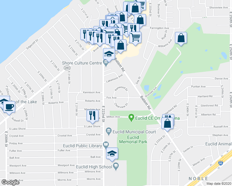 map of restaurants, bars, coffee shops, grocery stores, and more near 4301 Kenwood Drive in Euclid