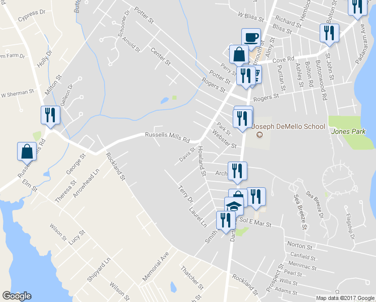 map of restaurants, bars, coffee shops, grocery stores, and more near 11 Davis Street in Dartmouth