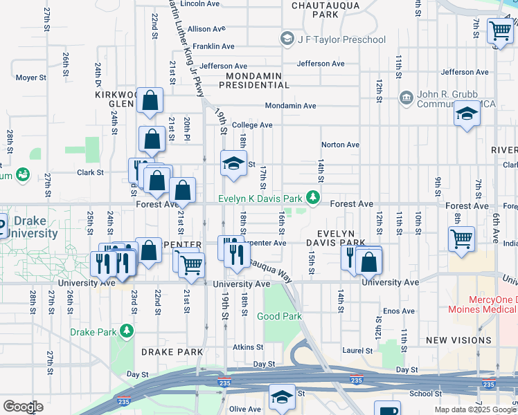 map of restaurants, bars, coffee shops, grocery stores, and more near 1704 Forest Avenue in Des Moines