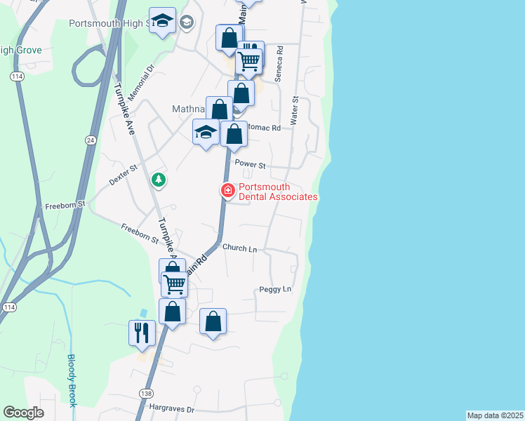 map of restaurants, bars, coffee shops, grocery stores, and more near 41 Bradley Terrace in Portsmouth