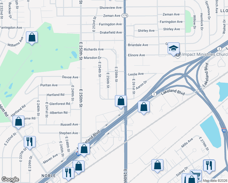 map of restaurants, bars, coffee shops, grocery stores, and more near 855 East 258th Street in Euclid