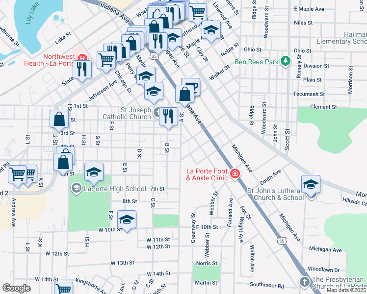 map of restaurants, bars, coffee shops, grocery stores, and more near 316 A Street in La Porte