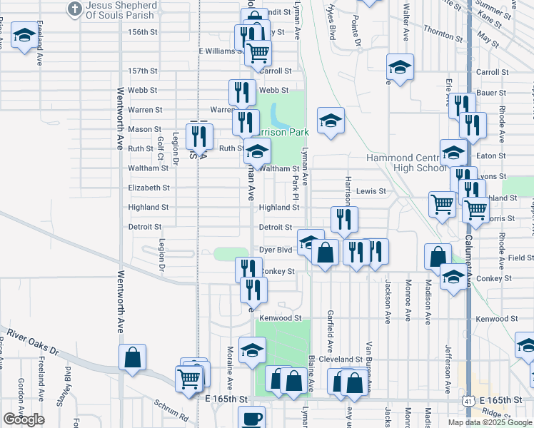 map of restaurants, bars, coffee shops, grocery stores, and more near 232 Highland Street in Hammond