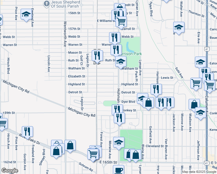 map of restaurants, bars, coffee shops, grocery stores, and more near 38 Highland Street in Hammond