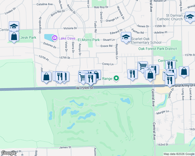 map of restaurants, bars, coffee shops, grocery stores, and more near 15828 Terrace Drive in Oak Forest