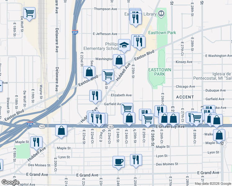 map of restaurants, bars, coffee shops, grocery stores, and more near 2402 Elizabeth Avenue in Des Moines