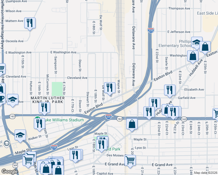 map of restaurants, bars, coffee shops, grocery stores, and more near 1326 East 19th Street in Des Moines