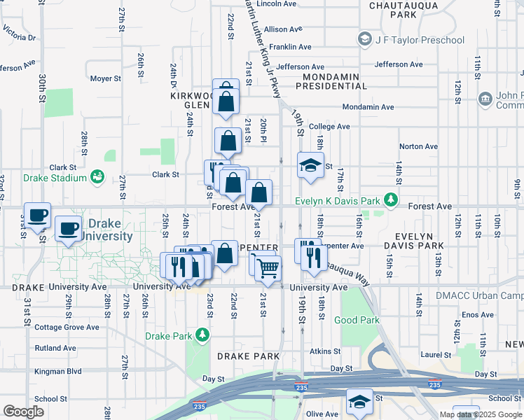 map of restaurants, bars, coffee shops, grocery stores, and more near 2024 Forest Avenue in Des Moines