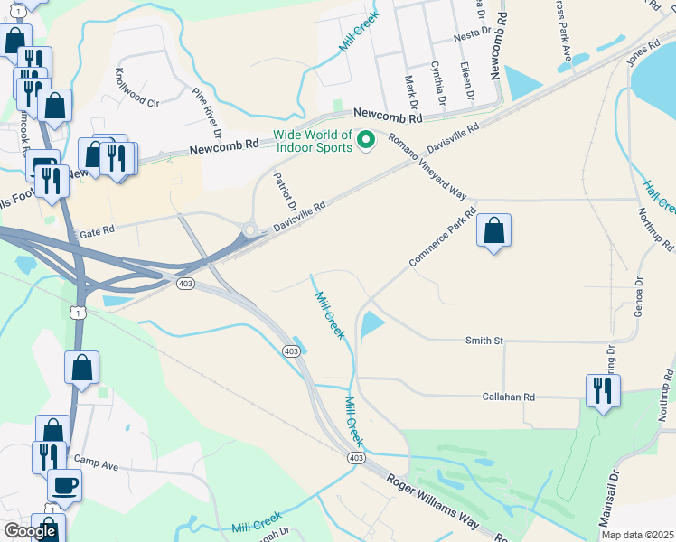 map of restaurants, bars, coffee shops, grocery stores, and more near 81 Ocean State Drive in North Kingstown