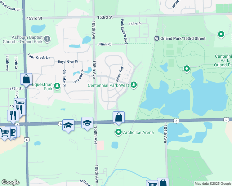 map of restaurants, bars, coffee shops, grocery stores, and more near 10646 Gabrielle Lane in Orland Park